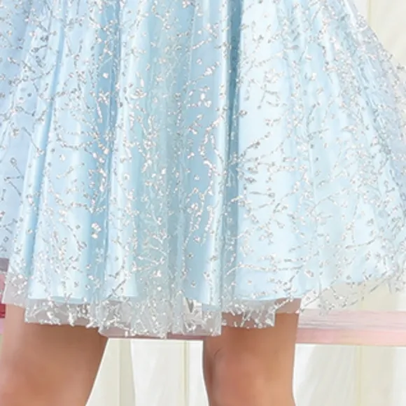 Short pattern glitter prom party dress with open back in ivory pink or blue