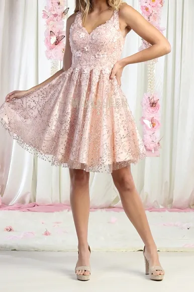 Short pattern glitter prom party dress with open back in ivory pink or blue
