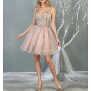 Short semi open back pink or silver lace applique beaded dress