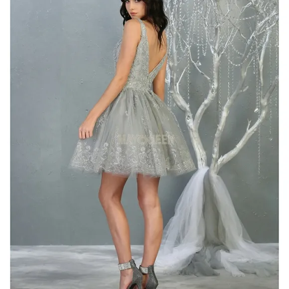 Short semi open back pink or silver lace applique beaded dress
