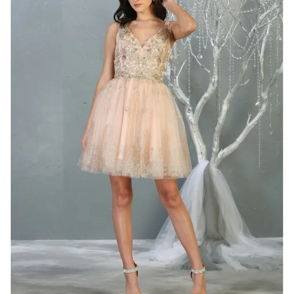Short semi open back pink or silver lace applique beaded dress