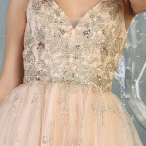 Short semi open back pink or silver lace applique beaded dress