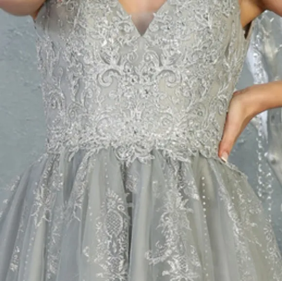 Short semi open back pink or silver lace applique beaded dress
