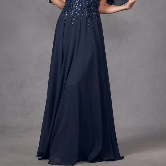 Short sleeve beaded long formal mother of the bride dress, silver navy blue gold