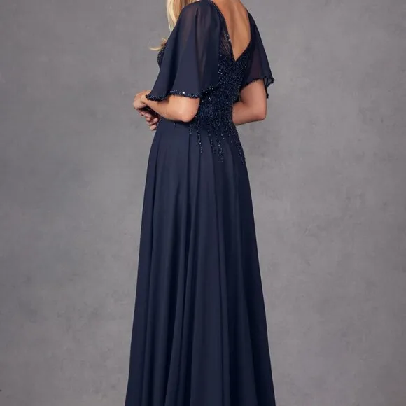 Short sleeve beaded long formal mother of the bride dress, silver navy blue gold