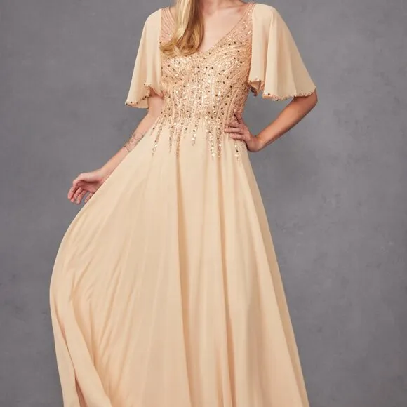 Short sleeve beaded long formal mother of the bride dress, silver navy blue gold