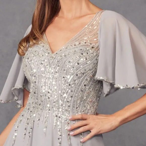 Short sleeve beaded long formal mother of the bride dress, silver navy blue gold