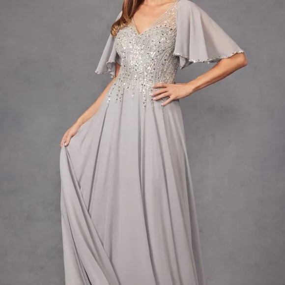 Short sleeve beaded long formal mother of the bride dress, silver navy blue gold