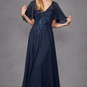 Short sleeve beaded long formal mother of the bride dress, silver navy blue gold