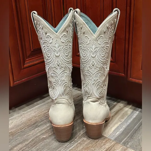 Shyanne Denisse Western Cowboy Boots Wedding Pearl Cream White Embroidery