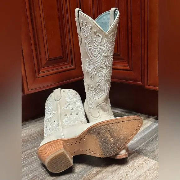 Shyanne Denisse Western Cowboy Boots Wedding Pearl Cream White Embroidery