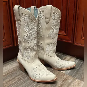 Shyanne Denisse Western Cowboy Boots Wedding Pearl Cream White Embroidery