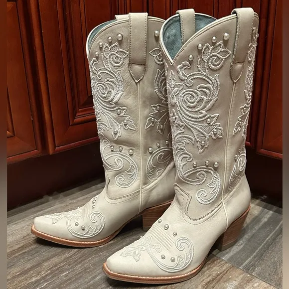 Shyanne Denisse Western Cowboy Boots Wedding Pearl Cream White Embroidery