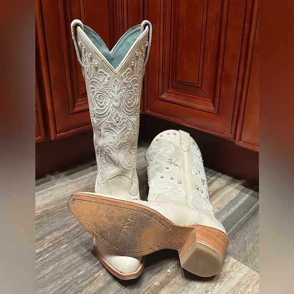 Shyanne Denisse Western Cowboy Boots Wedding Pearl Cream White Embroidery