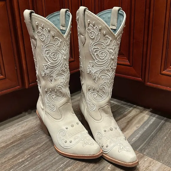 Shyanne Denisse Western Cowboy Boots Wedding Pearl Cream White Embroidery