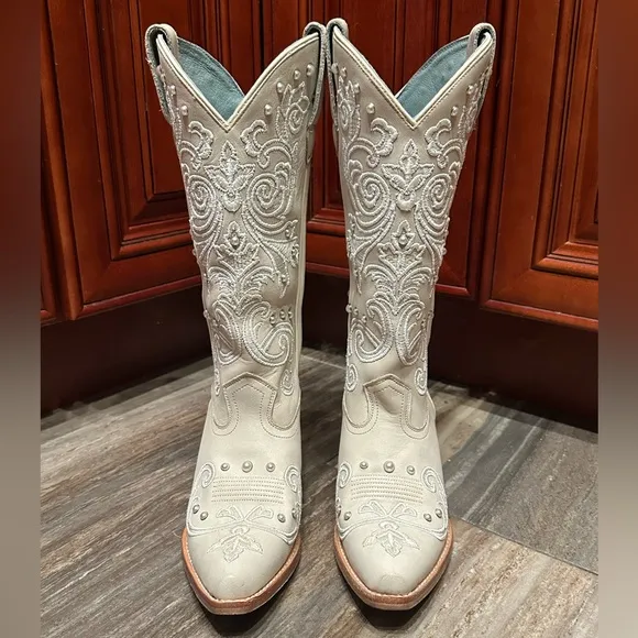 Shyanne Denisse Western Cowboy Boots Wedding Pearl Cream White Embroidery