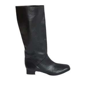 SIAMANTO Knee High Black Leather Riding Boots Pull-On Block Heel Boots Size 91/2