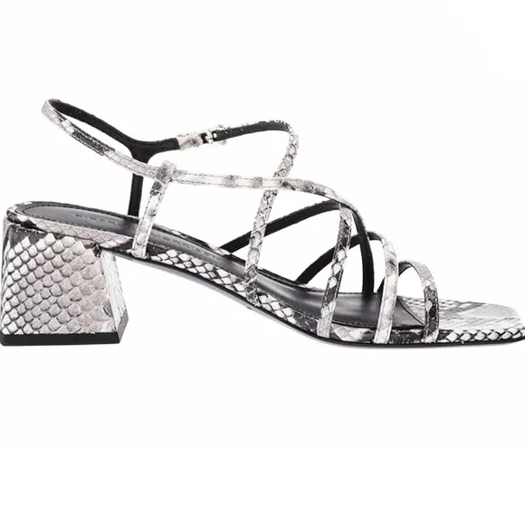 Sigerson Morrison Ellia Gray Snake Leather Ankle Strap Heeled Sandals Pumps 38
