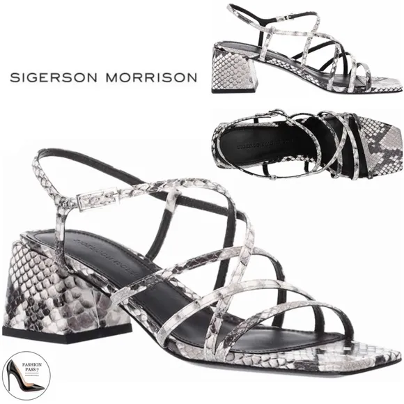 Sigerson Morrison Ellia Gray Snake Leather Ankle Strap Heeled Sandals Pumps 38