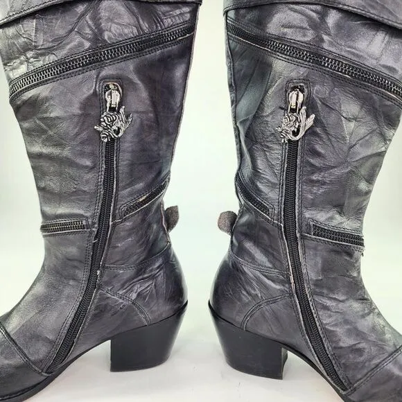 Siren By Mark Nason Rock Knee High Boots US 7 Women's Black Dragon Zip Around
