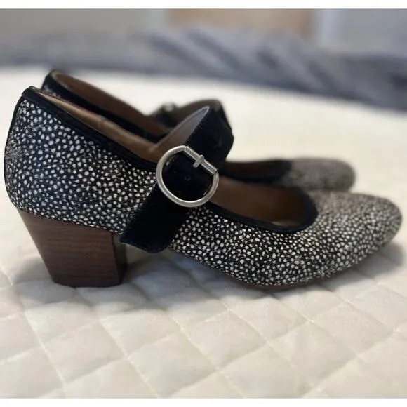 Sofft Lorna Black White Polka Dot Calf Hair Suede Mary Jane Block Heel Shoes 8.5