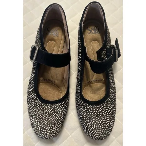 Sofft Lorna Black White Polka Dot Calf Hair Suede Mary Jane Block Heel Shoes 8.5