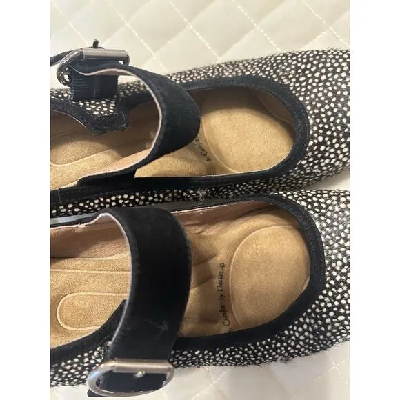 Sofft Lorna Black White Polka Dot Calf Hair Suede Mary Jane Block Heel Shoes 8.5