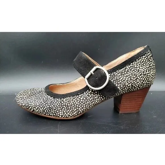 Sofft Lorna Black White Polka Dot Calf Hair Suede Mary Jane Block Heel Shoes 8.5