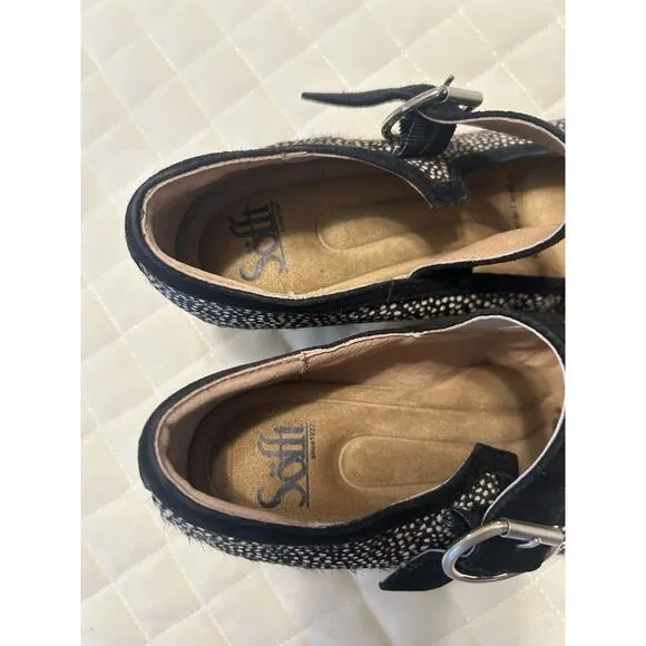 Sofft Lorna Black White Polka Dot Calf Hair Suede Mary Jane Block Heel Shoes 8.5