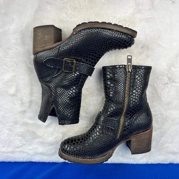 🚫SOLD! |•FREEBIRD BY STEVEN•| 'Carlito' Black Snakeskin Leather Biker Boots