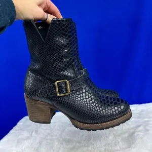 🚫SOLD! |•FREEBIRD BY STEVEN•| 'Carlito' Black Snakeskin Leather Biker Boots