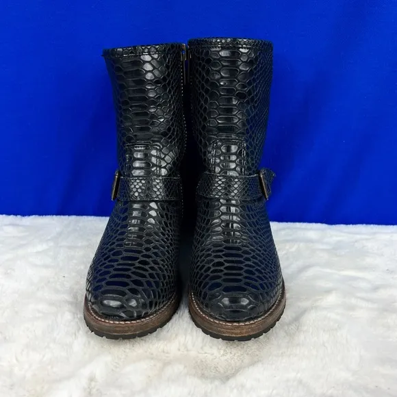 🚫SOLD! |•FREEBIRD BY STEVEN•| 'Carlito' Black Snakeskin Leather Biker Boots