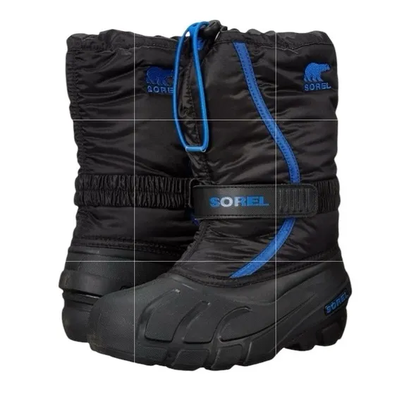 Sorel 12” Flurry Weather Snow Boots. Black and Royal.