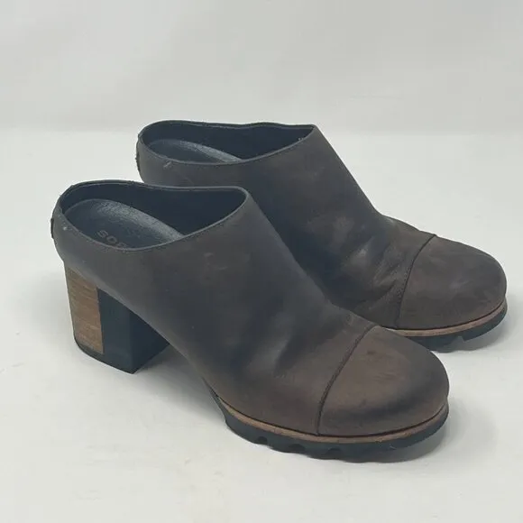 Sorel Addington Mules 10 women shoes stacked heel brown leather
