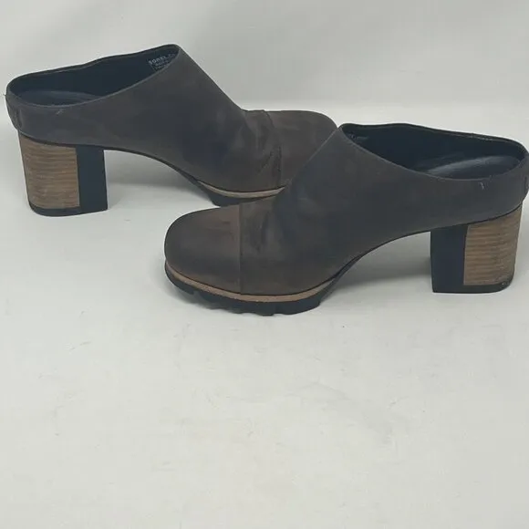 Sorel Addington Mules 10 women shoes stacked heel brown leather