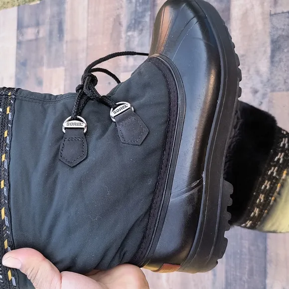 Sorel Black Faux Fur Wool lined Rubber  Winter Boots sz 9 Women's