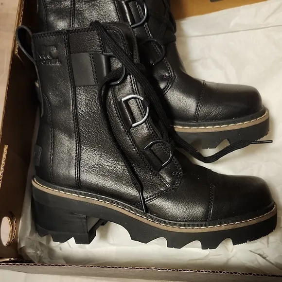 Sorel Black Leather Joan Now Lace Motorcycle Boots