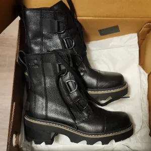 Sorel Black Leather Joan Now Lace Motorcycle Boots