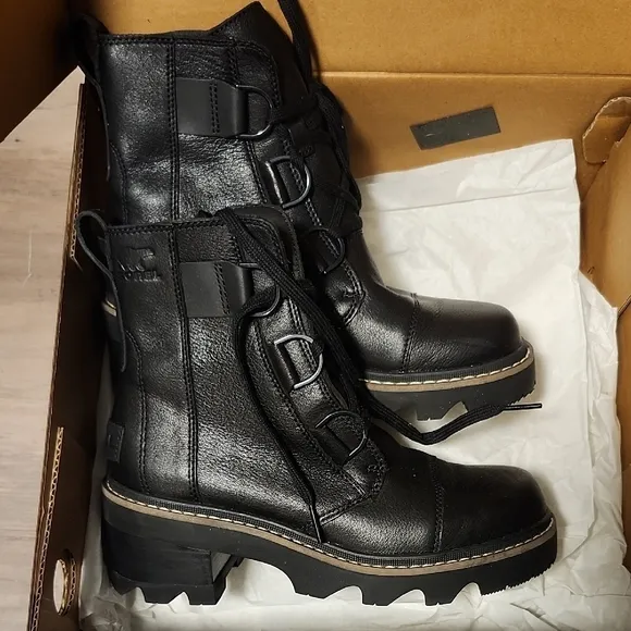 Sorel Black Leather Joan Now Lace Motorcycle Boots