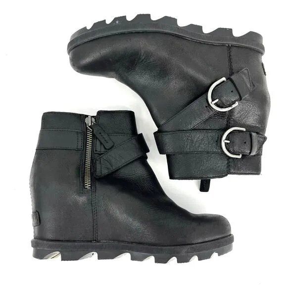 Sorel Black Leather Joan of Arctic Buckle Wedge Heel Ankle Boots (9)