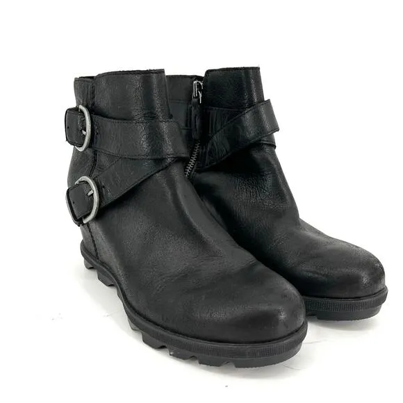 Sorel Black Leather Joan of Arctic Buckle Wedge Heel Ankle Boots (9)