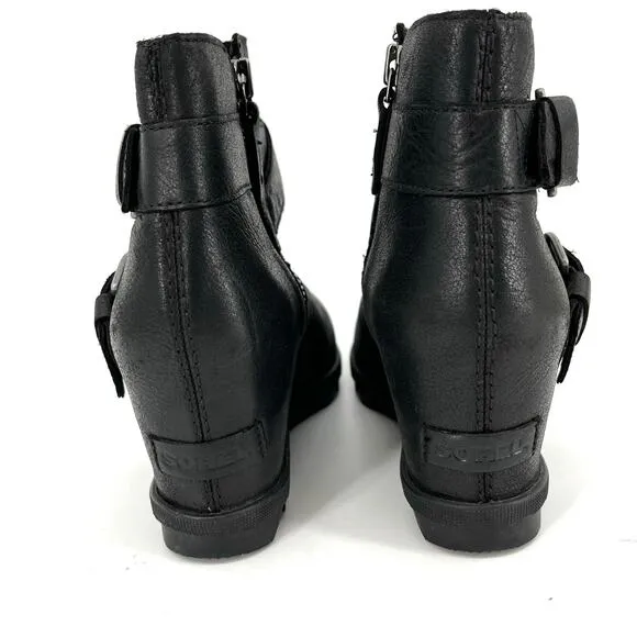 Sorel Black Leather Joan of Arctic Buckle Wedge Heel Ankle Boots (9)