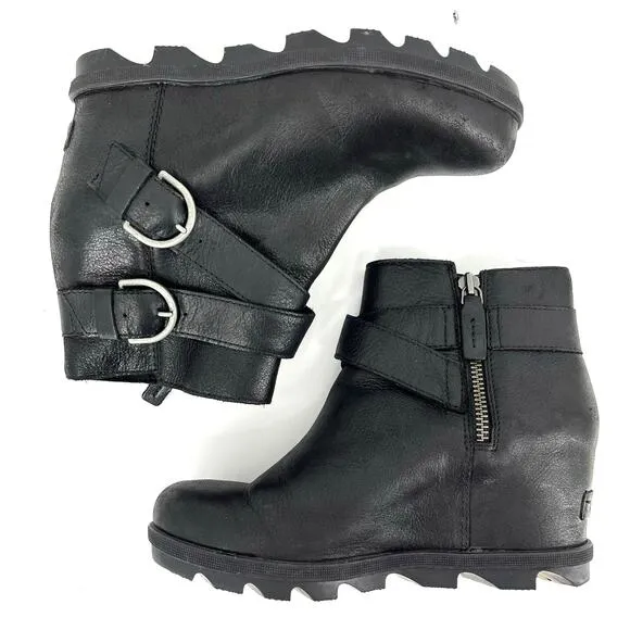 Sorel Black Leather Joan of Arctic Buckle Wedge Heel Ankle Boots (9)