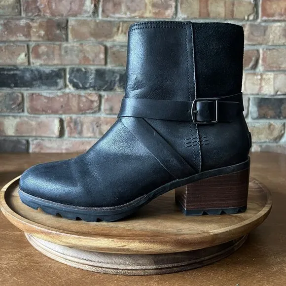 Sorel Cate WP Waterproof Ankle Booties Women's 8 Shoes Black Leather Buckle
