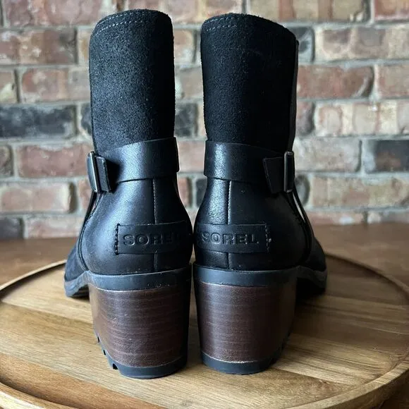 Sorel Cate WP Waterproof Ankle Booties Women's 8 Shoes Black Leather Buckle