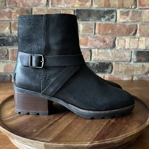 Sorel Cate WP Waterproof Ankle Booties Women's 8 Shoes Black Leather Buckle