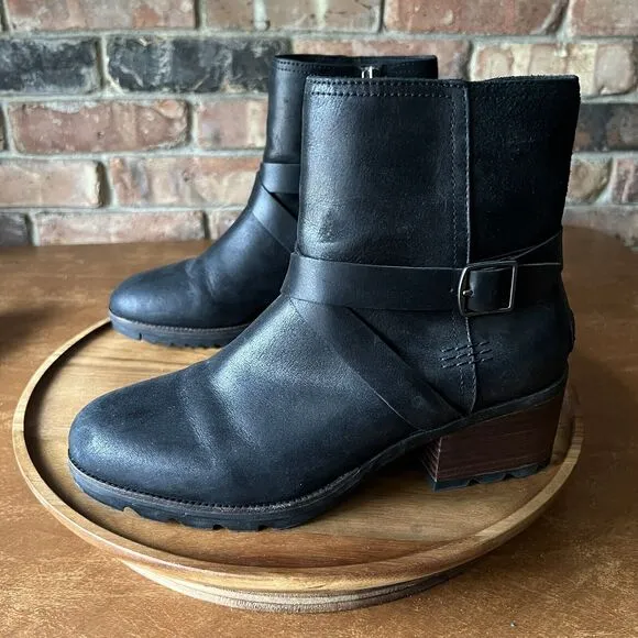 Sorel Cate WP Waterproof Ankle Booties Women's 8 Shoes Black Leather Buckle