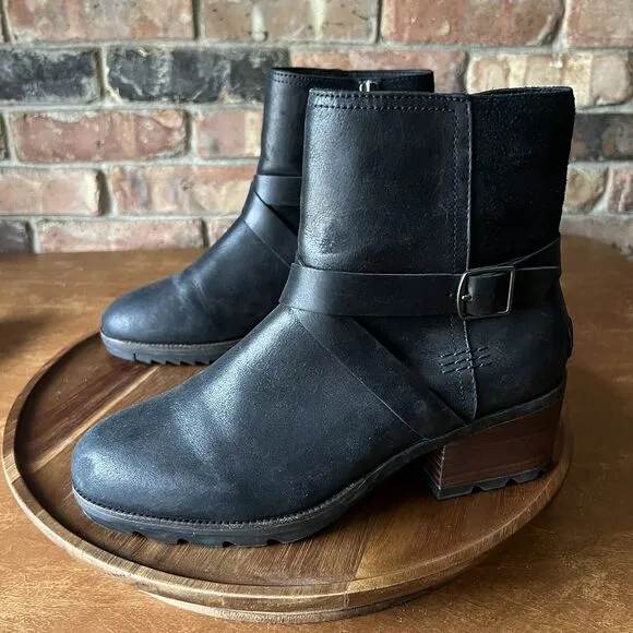 Sorel Cate WP Waterproof Ankle Booties Women's 8 Shoes Black Leather Buckle