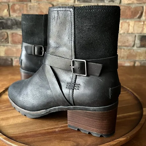 Sorel Cate WP Waterproof Ankle Booties Women's 8 Shoes Black Leather Buckle