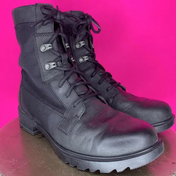 Sorel Emelie II Waterproof Black Leather Canvas Lace-Up Lug Sole Boot Sz 6.5